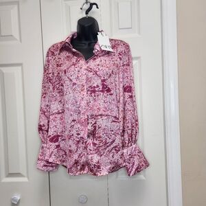 [S-M] ZARA Pink Patterned Satiny Blouse Size Small-Medium NEW WITH TAG